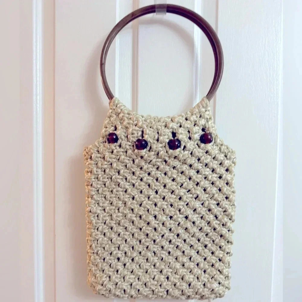 Vintage Handmade Macramé Purse Wooden Handles 70’s 80’s Hippy Kitschy Bohemian